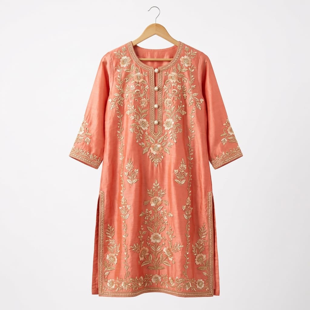 Coral Bloom Embroidered Silk Kurta